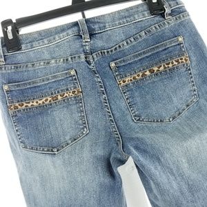 Cache Jeans Skinny Leopard Print Trim Crystal Stud